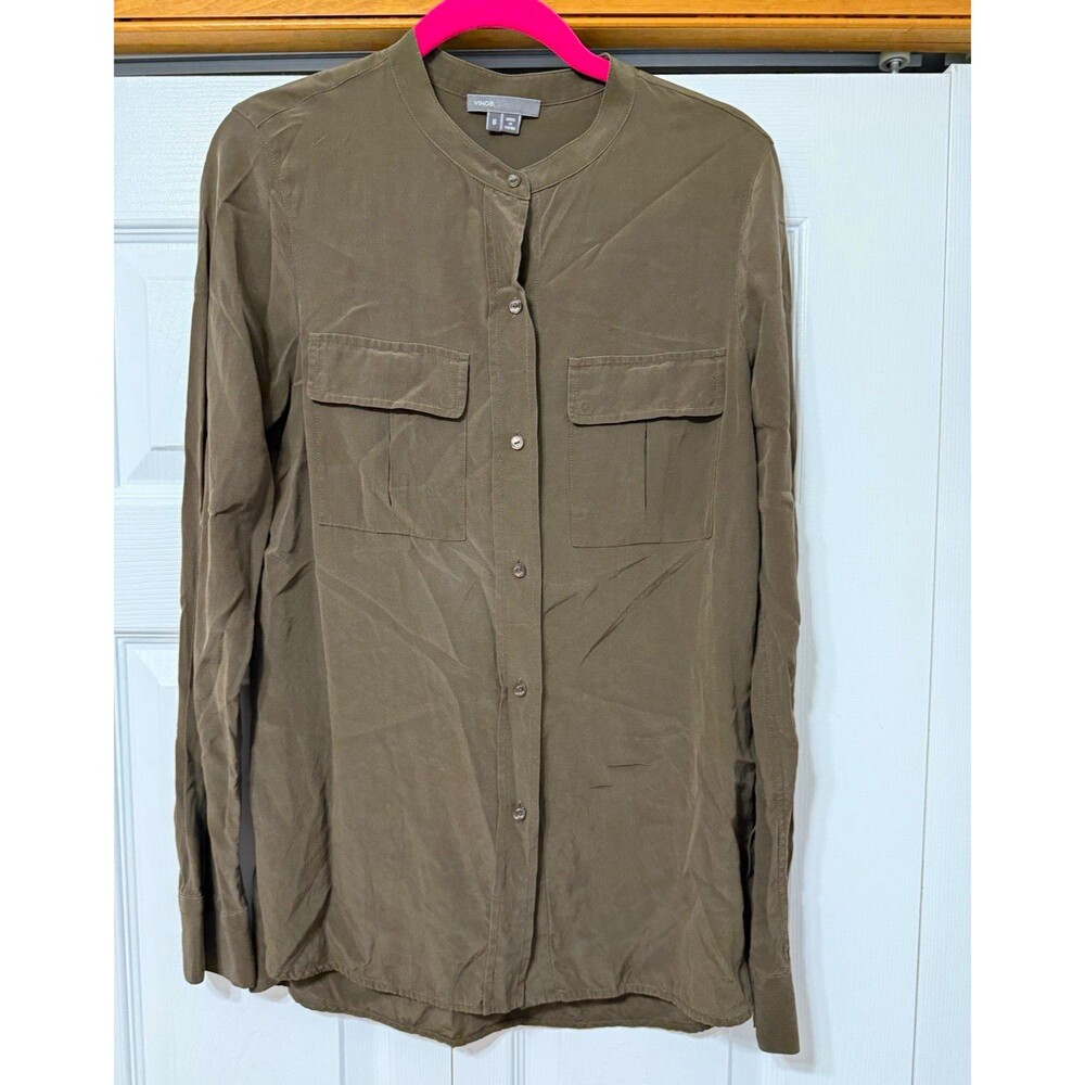 Vince Green Satin Silk Solid Button-Up Blouse Long Sleeve Women’s Size 6